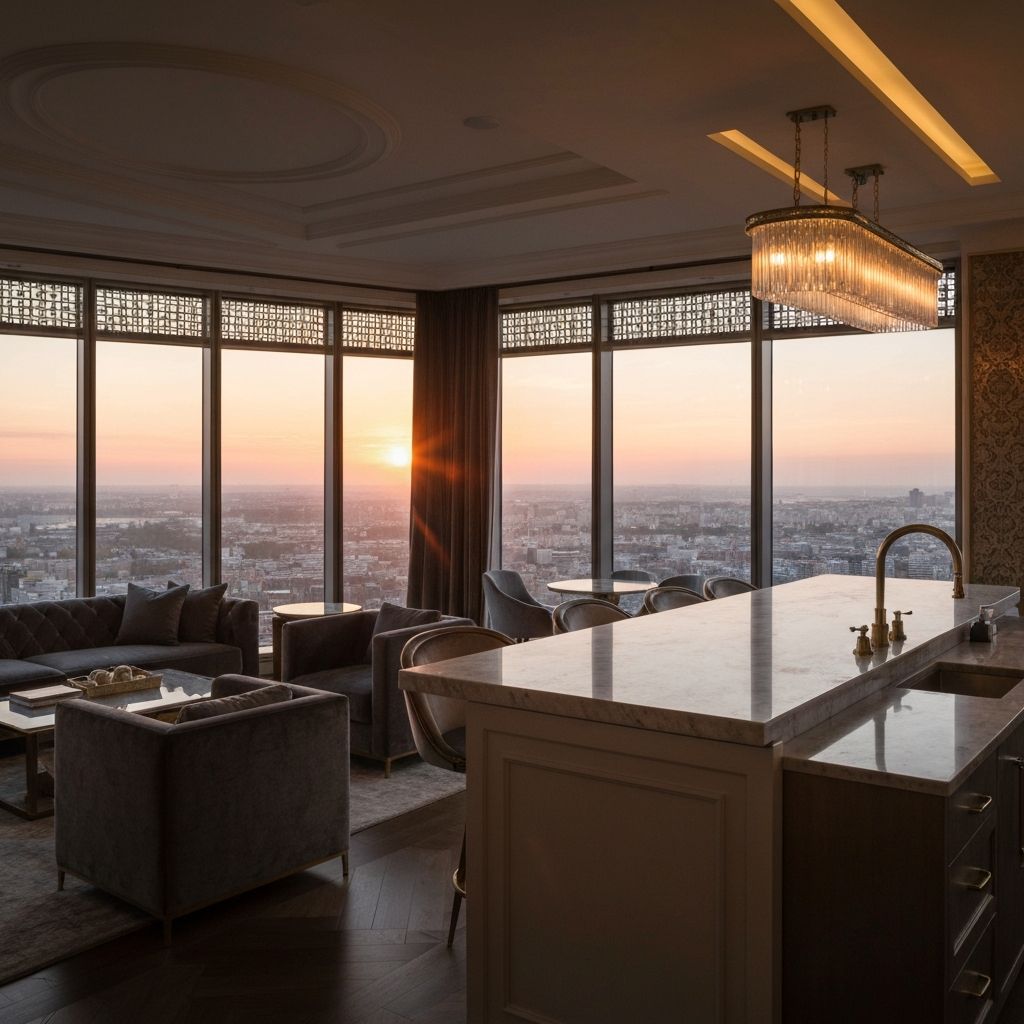 Луксозна баня с козметични продукти и перлено огледало